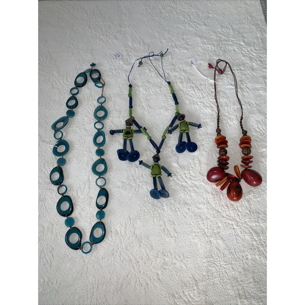 Tagua Nut 3 Necklace Lot‎ ~ Blue Green Red Orange Turquoise Figures